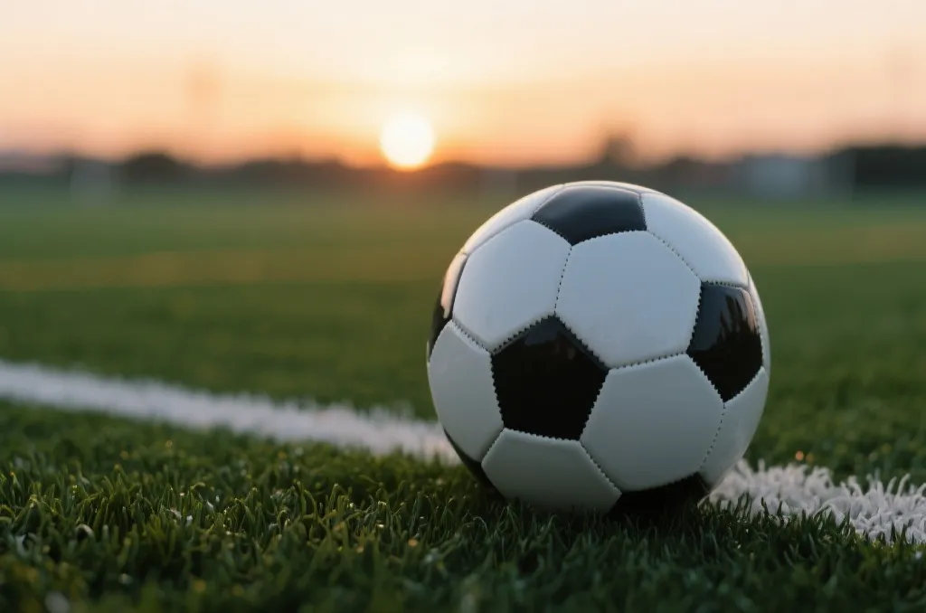 A close-up of a soccer ball resting on a lush green turf pitch during sunset