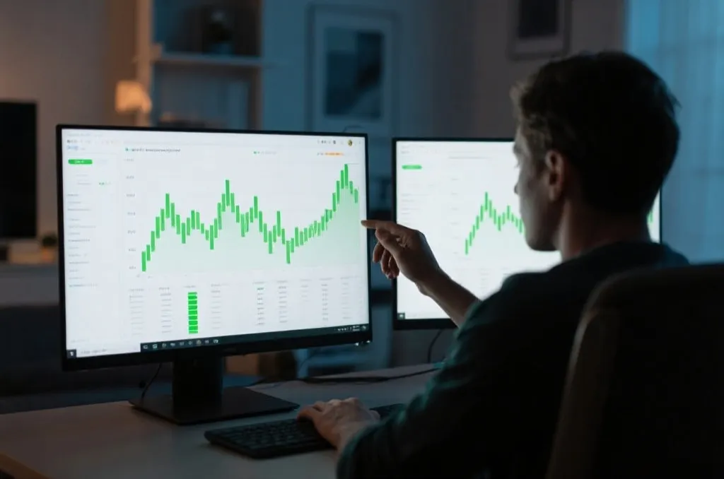 A person calmly analyzing green financial line charts on a dual-screen monitor setup in a modern home office, cinematic lighting