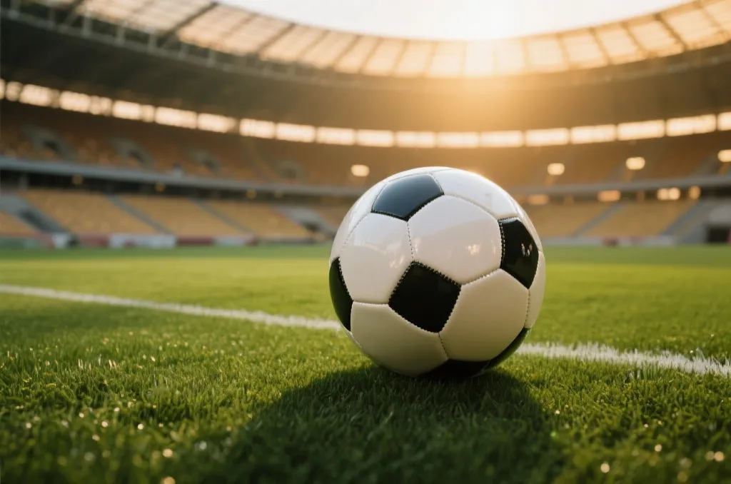 A close-up of a modern soccer ball on a lush green field inside a massive empty stadium during golden hour, editorial style