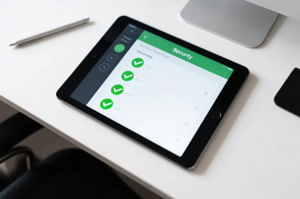 A tablet screen displaying a digital security checklist with green checkmarks, clean workspace background, professional cybersecurity flat-lay