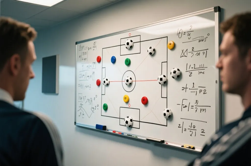 足球战术板与科学数据分析模型示意图